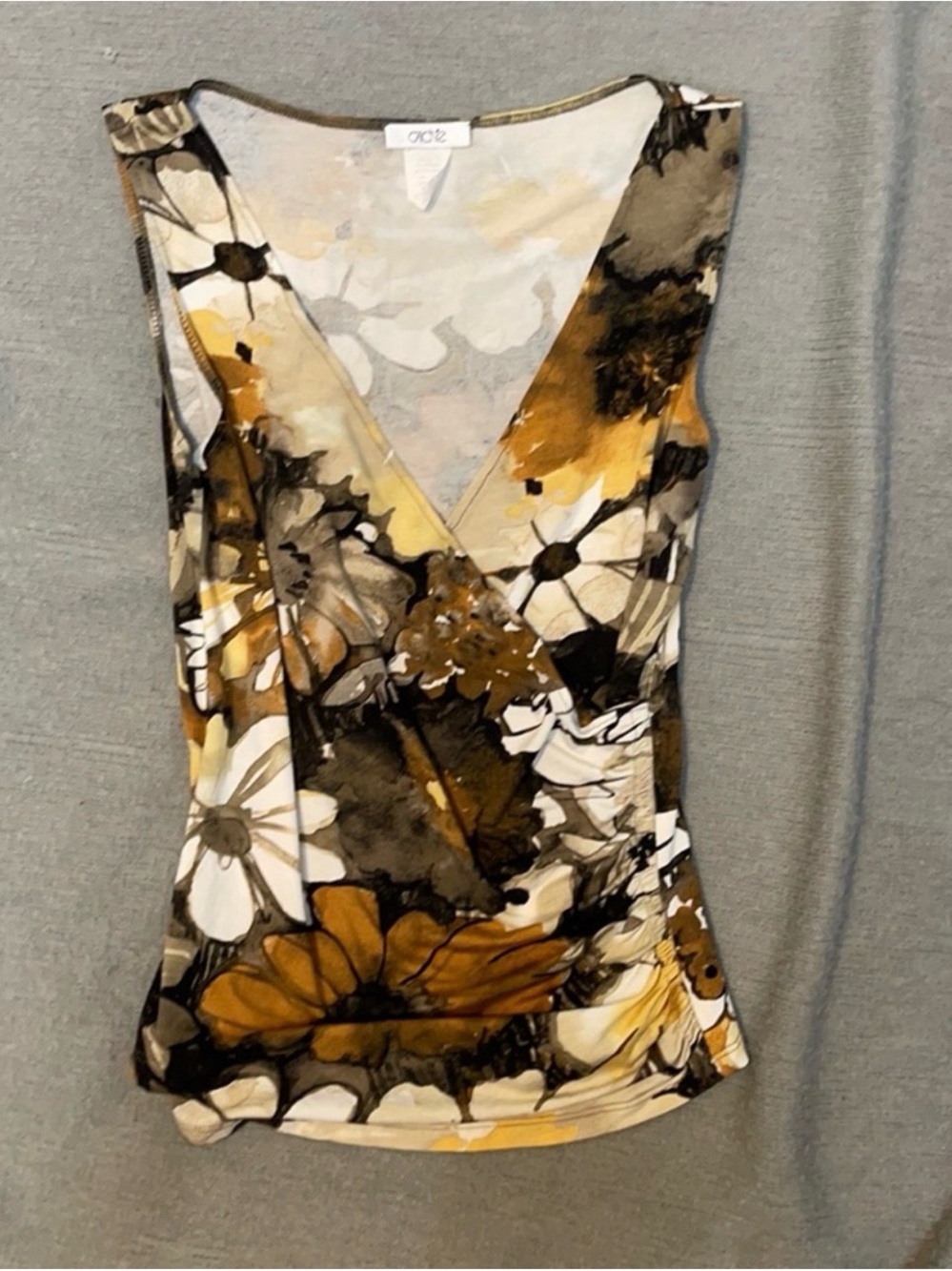 Vintage Cache Y2K Abstract Floral Faux Wrap Tank Top | Brown Gold Cream | Small
